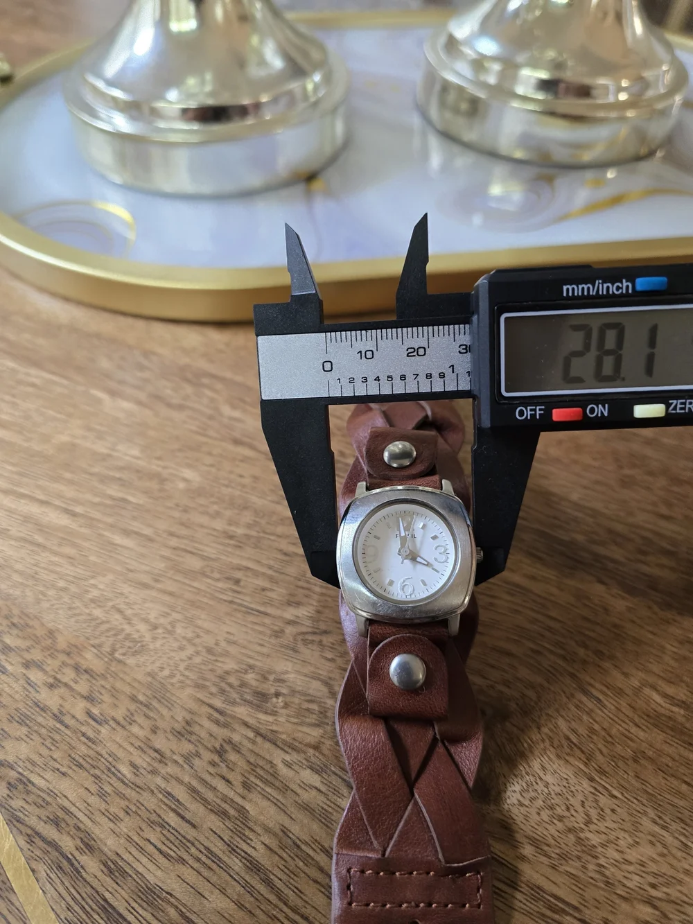Fossil Brown Leather Cuff Watch with Silver Case and White Dial